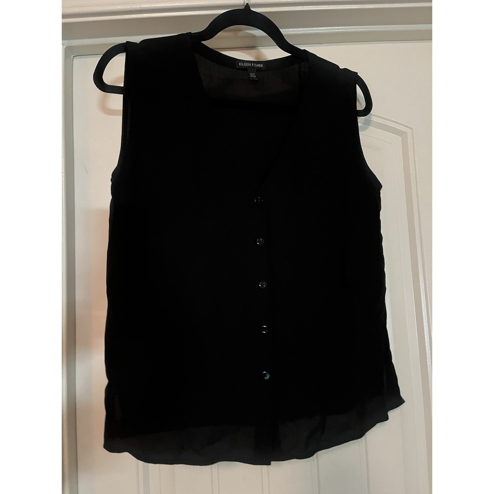 Eileen Fisher Black Silk Georgette Crepe Sleeveless Button Down V-Neck Size M